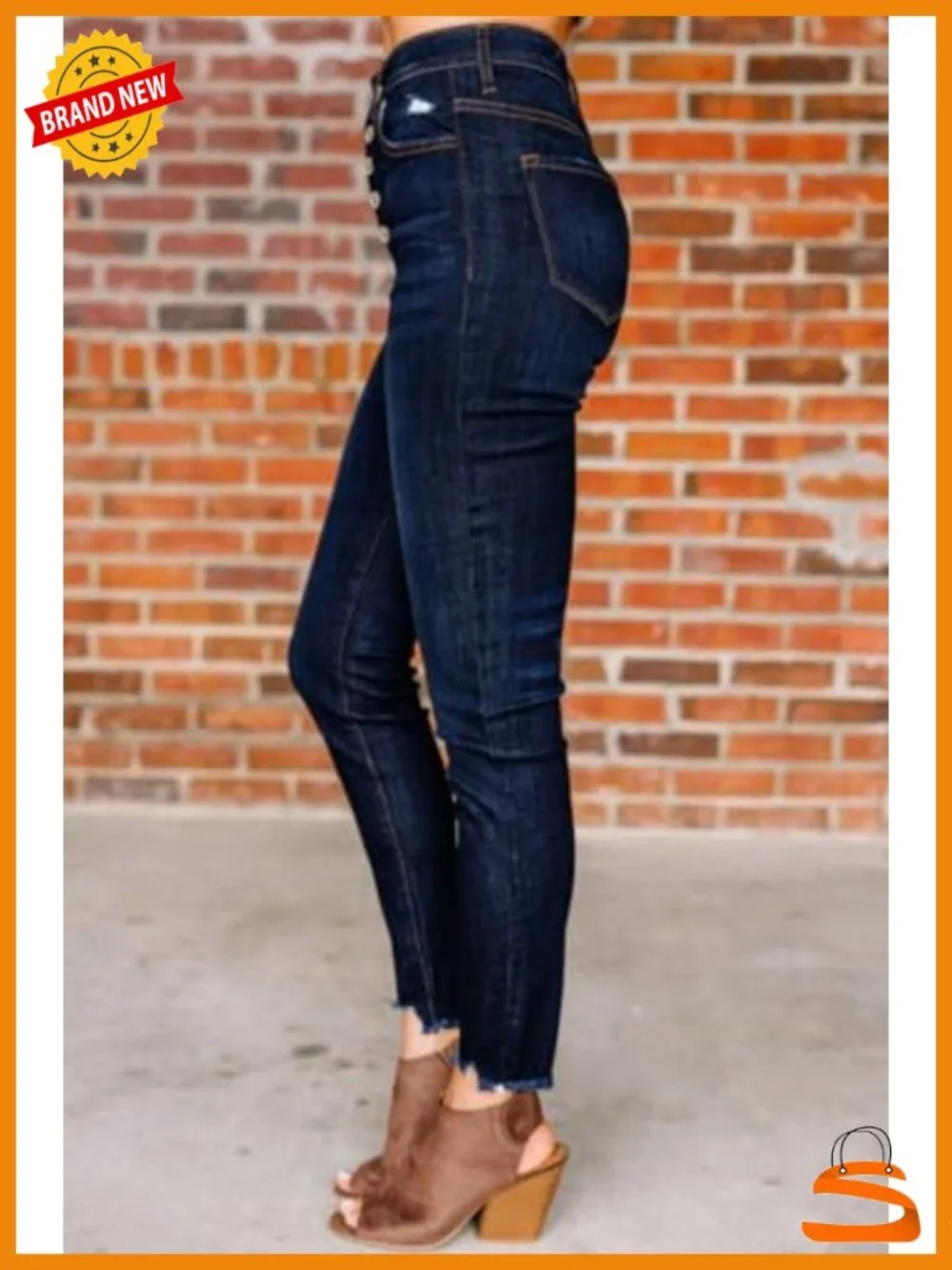 High Rise Skinny Stretch Button Ripped Jeans Destroyed Denim